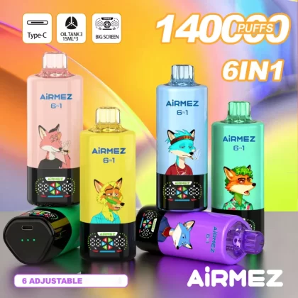 AIRMEZ FOX 140000 Puffs 6 In 1 Disposable Vapes Wholesale 140K Small Screen 6 Adjustable Taste Bulk Buy