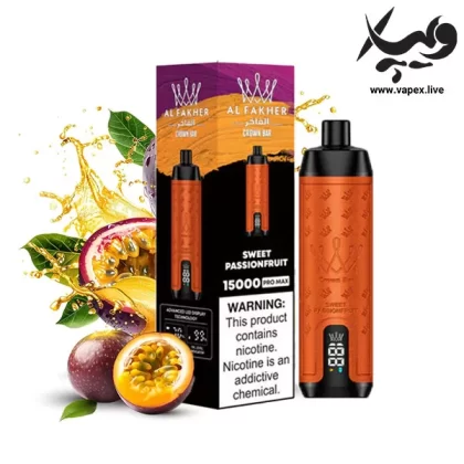 ویپ یکبار مصرف الفاخر کرون بار ۱۵۰۰۰ پاف پشن فروت شیرینAl Fakher Crown Bar 15000 Puffs Sweet Passionfruit