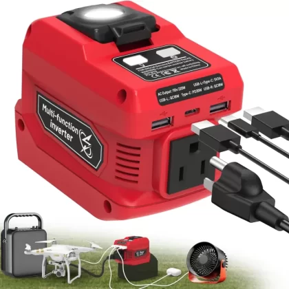 220W Power Inverter for Dewalt 20V Battery, DC 20V to AC 110V Battery Inverter, Portable Power Station Generator with 1 AC Outlet, 2 USB Ports & 1 Type-C Fast Charging, 400LM LED Work Light